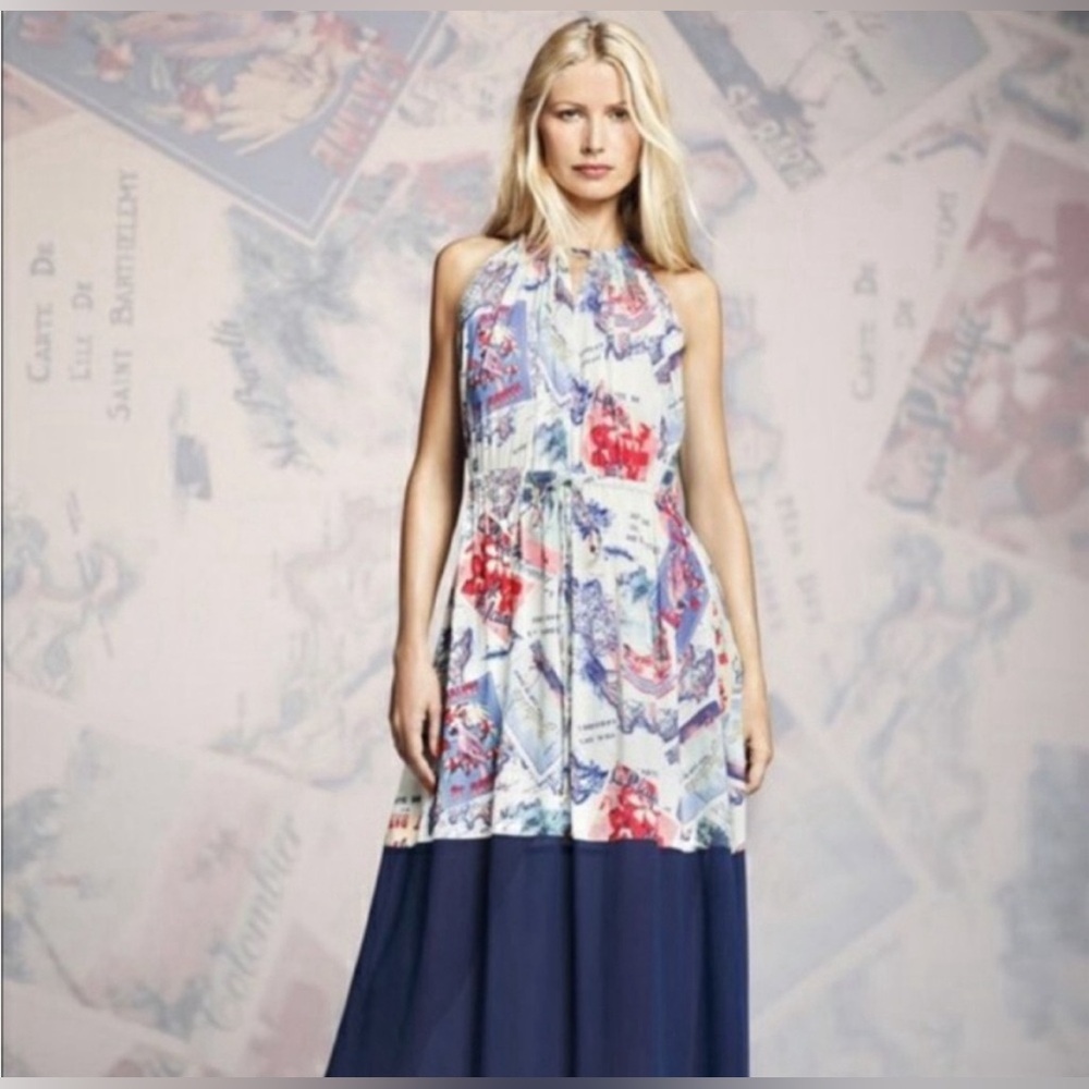 Peter‎ Som Postcard Maxi Halter Dress M Blue Resort Travel St. Barts Print Boho